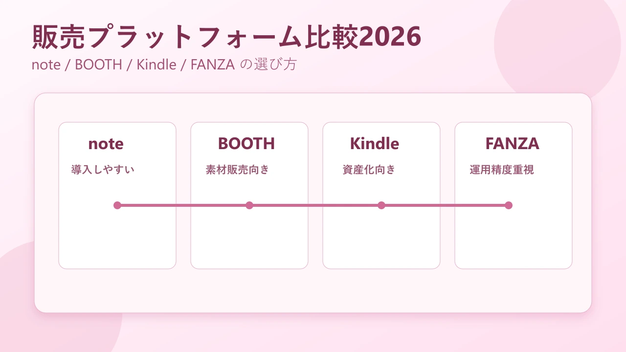 AI画像の販売プラットフォーム比較2026: note・BOOTH・Kindle・FANZAを実務視点で選ぶ のサムネイル